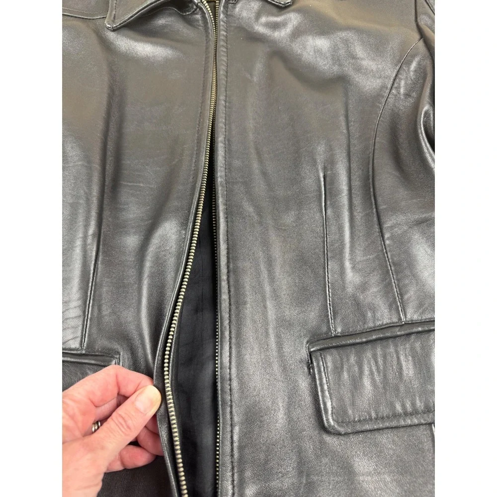 Genuine Lambskin Leather Jacket Black Zip Front‎ Fitted Moto Womens L Classiques